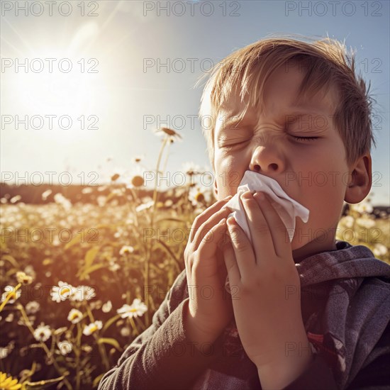 Hay fever child suffers from hay fever and is surrounded by pollen flowers