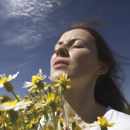 Hay fever child suffers from hay fever and is surrounded by pollen flowers