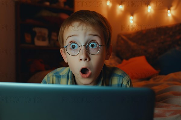 A ten-year-old boy with round glasses looks in surprise at the display of his notebook