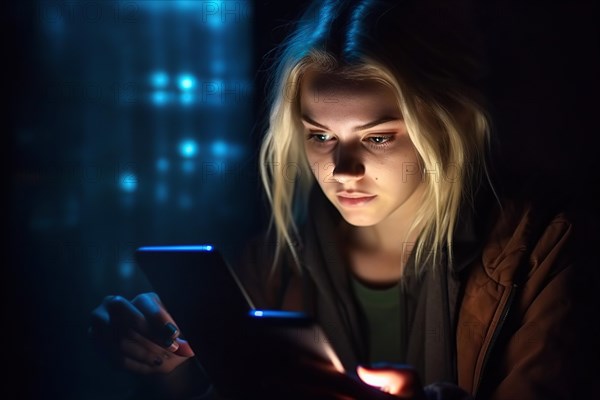 A fifteen year old girl with blonde hair looks at her mobile phone at night