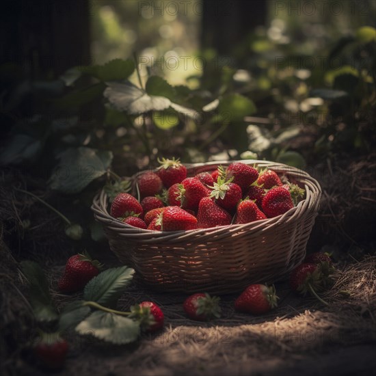 Raffia basket with fresh strawberries in a natural environment in a field