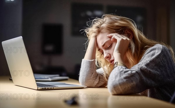 Young woman sitting exhausted at a notebook