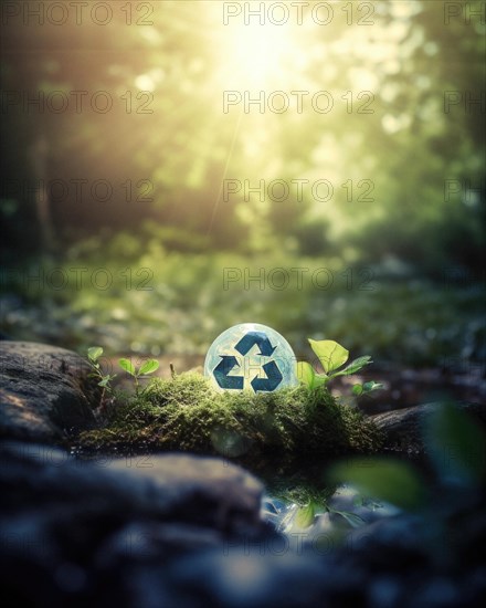 A plastic ball with a recycling symbol lies in the forest