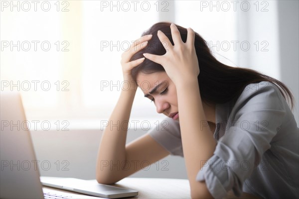 Young woman sitting exhausted at a notebook