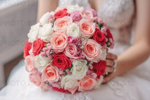 A bride in a white wedding dress holds a beautiful bridal bouquet