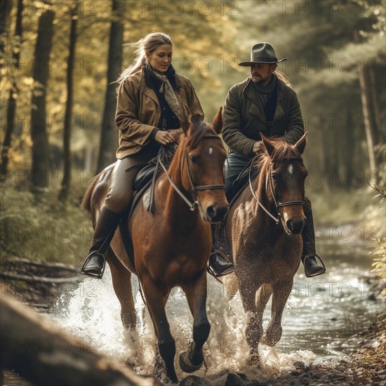 Two riders in natural setting riding through a small stream