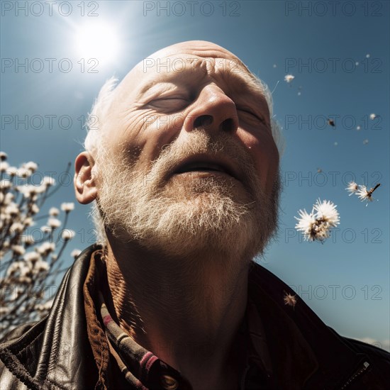 Hay fever child suffers from hay fever and is surrounded by pollen flowers