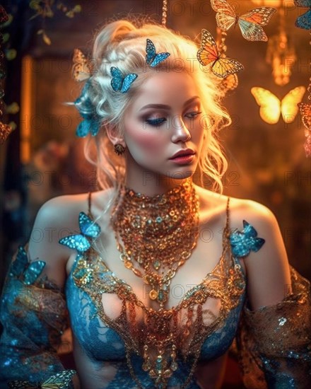 A splendidly dressed young blonde woman in soft light is surrounded by butterflies