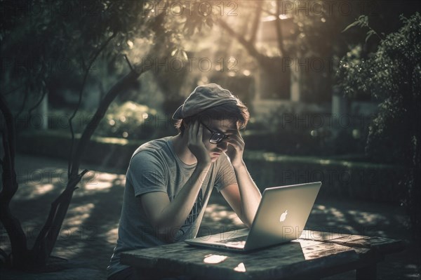 A man sits exhausted at a notebook outdoors