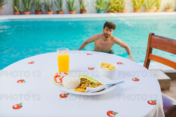 Traditional morning breakfast near the swimming pool