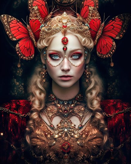 A splendidly dressed young blonde woman is surrounded by butterflies