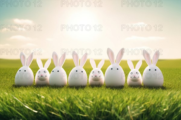 Eight Easter Eggs with Bunny Ears as Easter Bunnies in a Green Spring Meadow