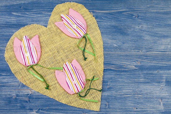Fabric tulips on a linen heart