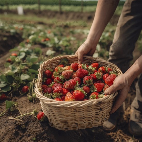 Raffia basket with fresh strawberries in a natural environment in a field