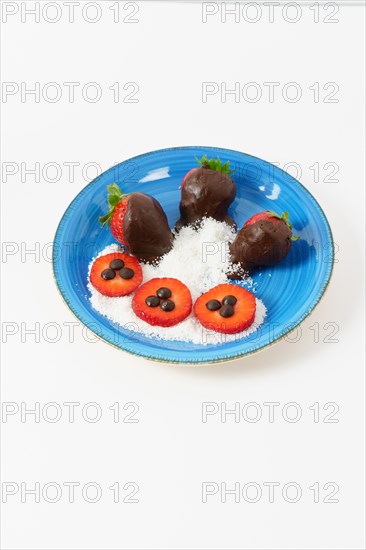 Strawberries covered with melted chocolate with coconut on a blue plate isolated on white background