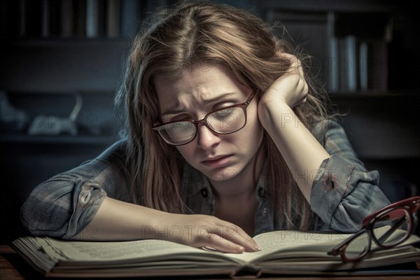 A young woman sits exhausted at a desk over a book