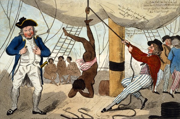 The abolition of the slave trade or the inhumanity of human traffickers using the example of Captain Kimber. The print shows a sailor on a slave ship hanging an African girl by her ankle from a rope above a pulley. On the left is Captain John Kimber holding a whip