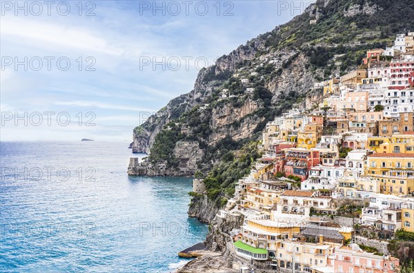 View of beautiful Positano on hills leading down to coast