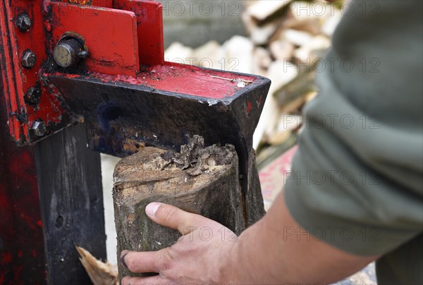 Worker making firewood with a log splitter