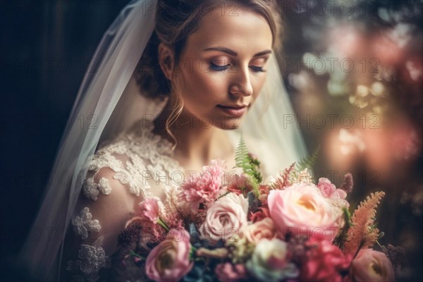 A bride in a white wedding dress holds a beautiful bridal bouquet