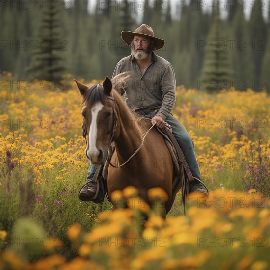 Two riders in a natural setting ride on a meadow