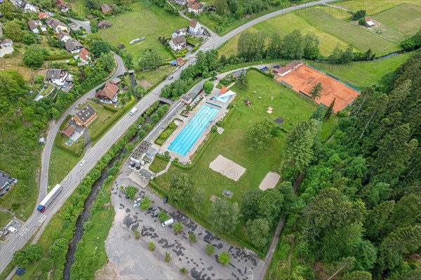 Aerial view of empty outdoor pool