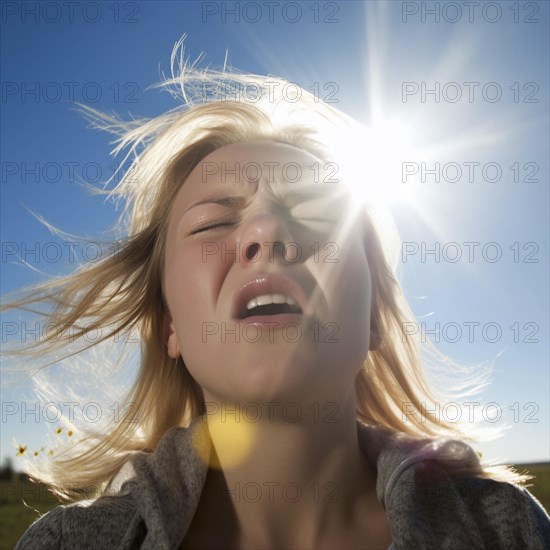 Hay fever child suffers from hay fever and is surrounded by pollen flowers