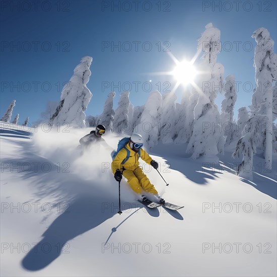 Skier skis fast down a slope on heavily snowy slope