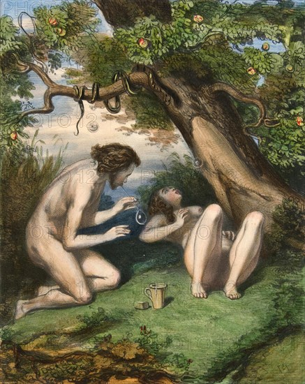 Naked young couple lying under a tree
