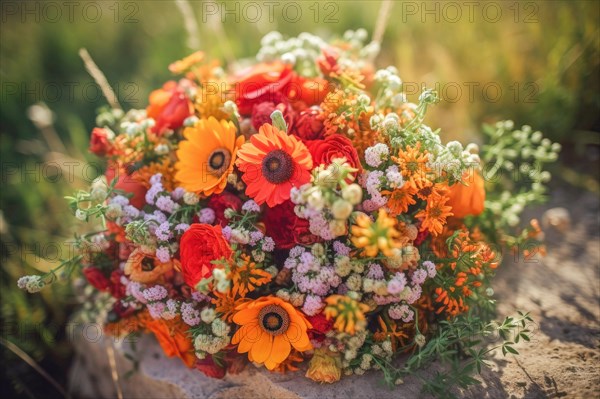 A colourful bouquet of wildflowers in warm sunlight