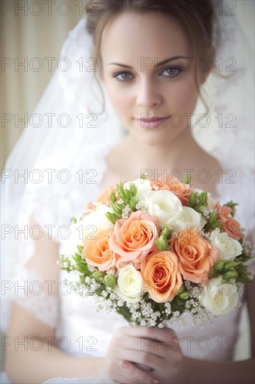 A bride in a white wedding dress holds a beautiful bridal bouquet