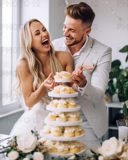 A young wedding couple at the wedding reception has fun