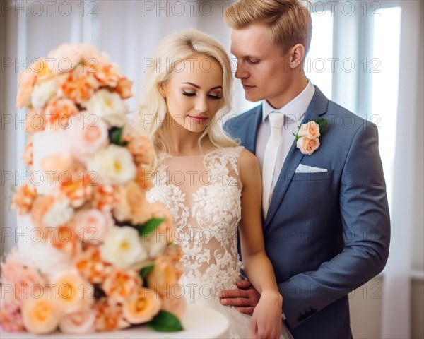 An attractive young wedding couple