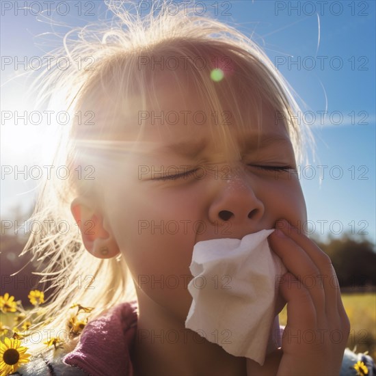 Hay fever child suffers from hay fever and is surrounded by pollen flowers