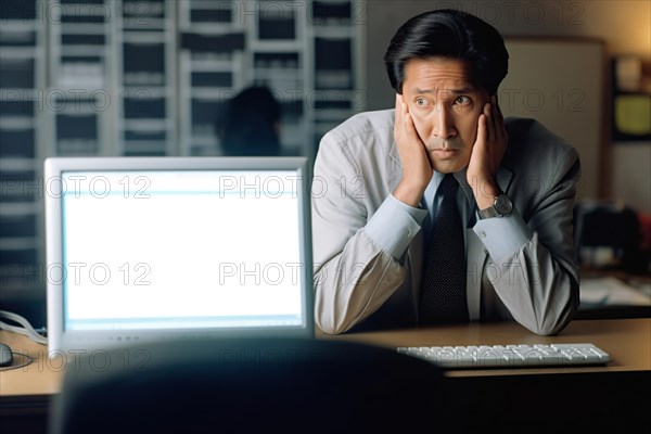 A stockbroker with glasses sits perplexed next to the display of his notebook in the office