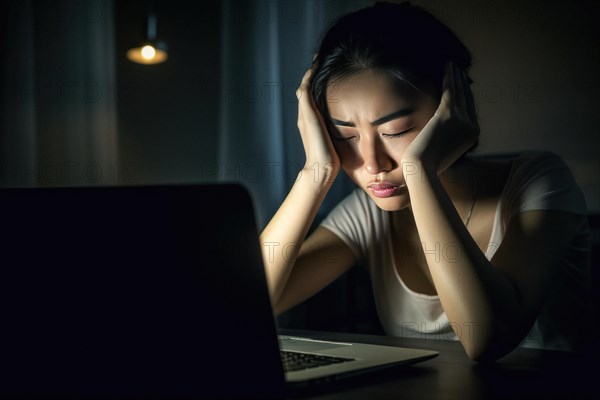 Young Asian woman sitting exhausted at a notebook