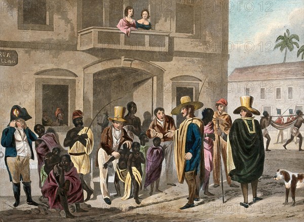 European men inspecting slaves in the slave market of Rio de Janeiro