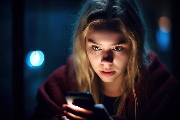 A fifteen year old girl with blonde hair looks at her mobile phone at night