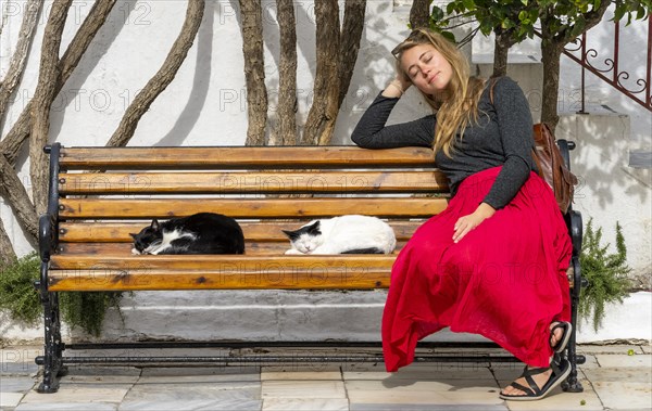 Young woman with red skirt sitting on a bench with sleeping cats