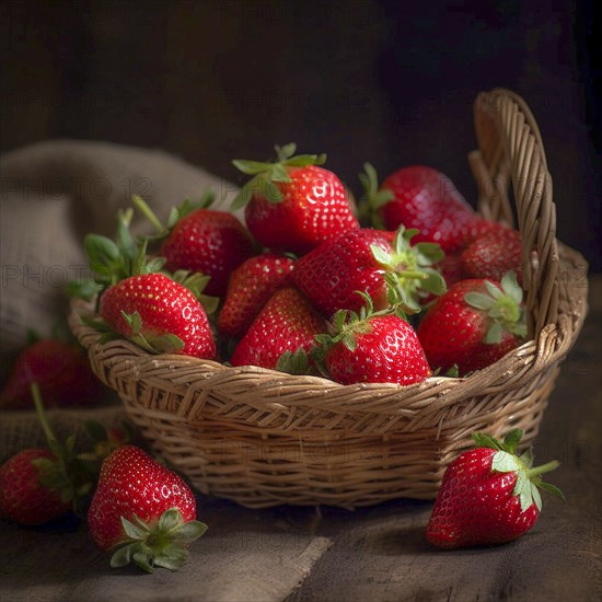 Raffia basket with fresh strawberries in a natural environment in a field