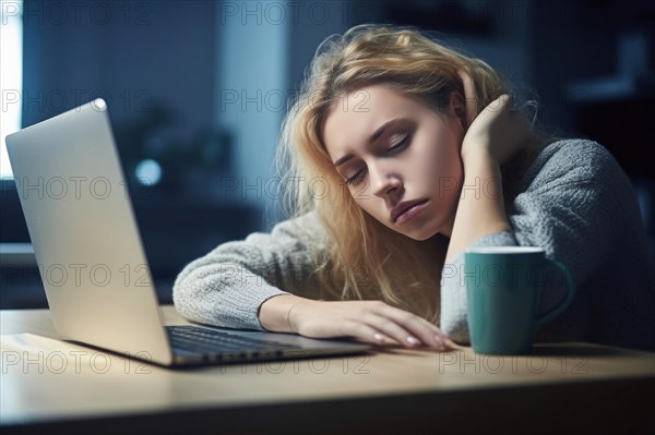 Young woman sitting exhausted at a notebook