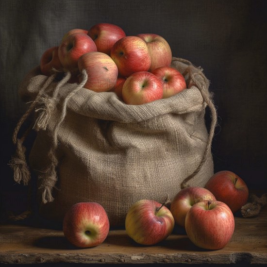 Old sack with apples in natural and rustic environment