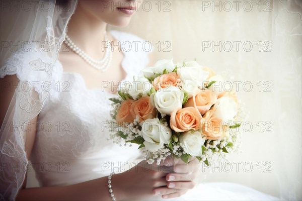 A bride in a white wedding dress holds a beautiful bridal bouquet