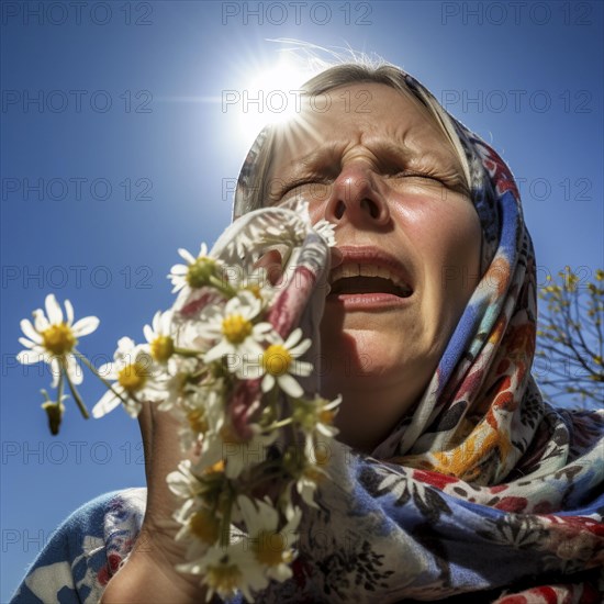 Hay fever child suffers from hay fever and is surrounded by pollen flowers