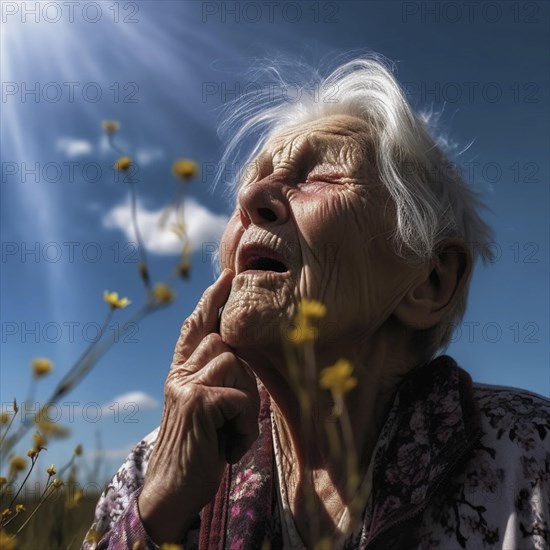 Hay fever child suffers from hay fever and is surrounded by pollen flowers