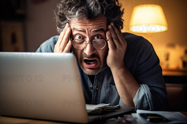 A man with glasses looks in shock at the display of his notebook