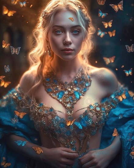 A splendidly dressed young blonde woman in soft light is surrounded by butterflies