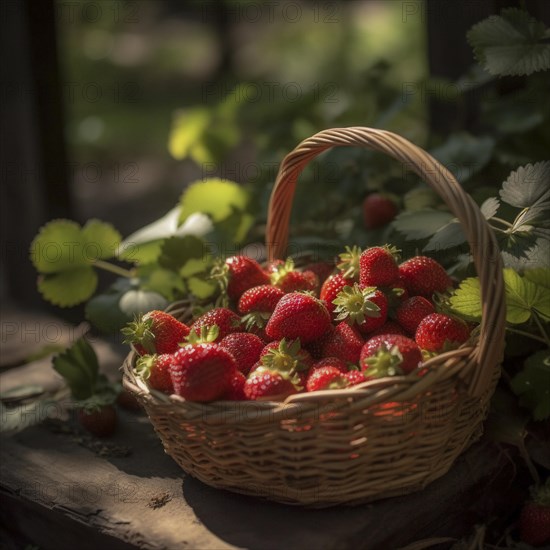 Raffia basket with fresh strawberries in a natural environment in a field