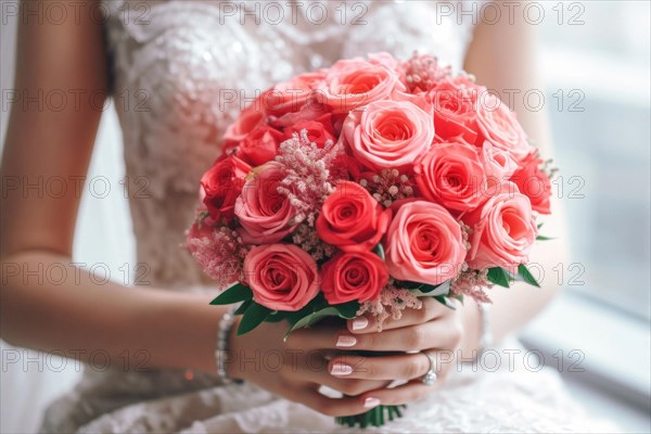 A bride in a white wedding dress holds a beautiful bridal bouquet