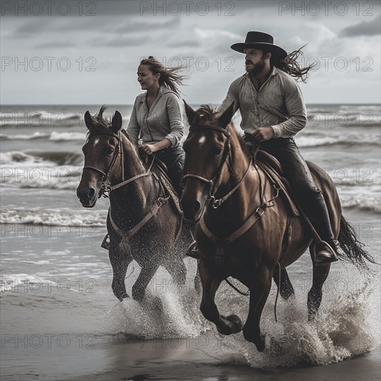 Two horsemen in natural surroundings ride along the sea